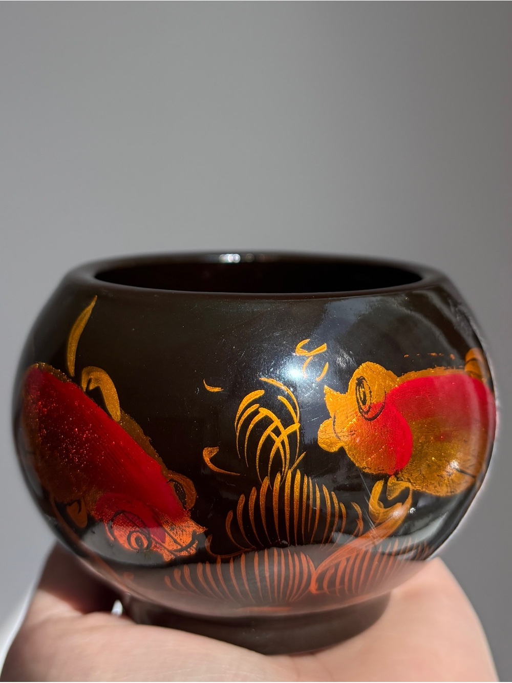Vintage wood lacquer trinket bowl hand painted goldfish